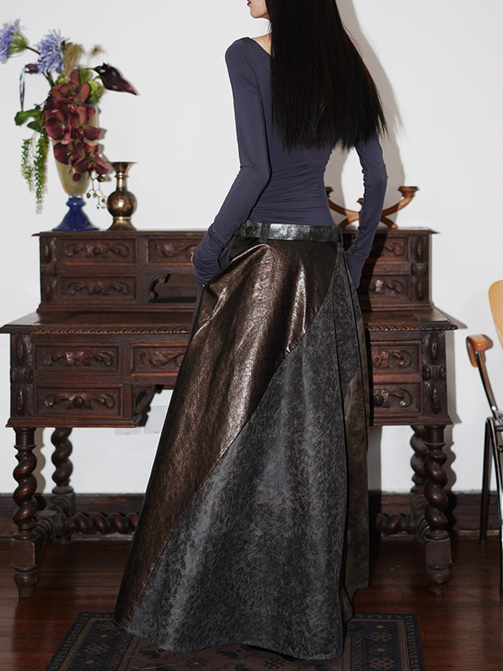 Switching Design Leather Stitch Long Dress With Belt