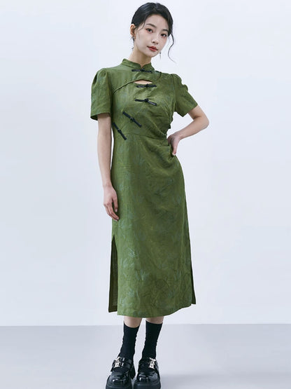 Chinese Style Hollow Bamboo Leaf Short Sleeve Dress