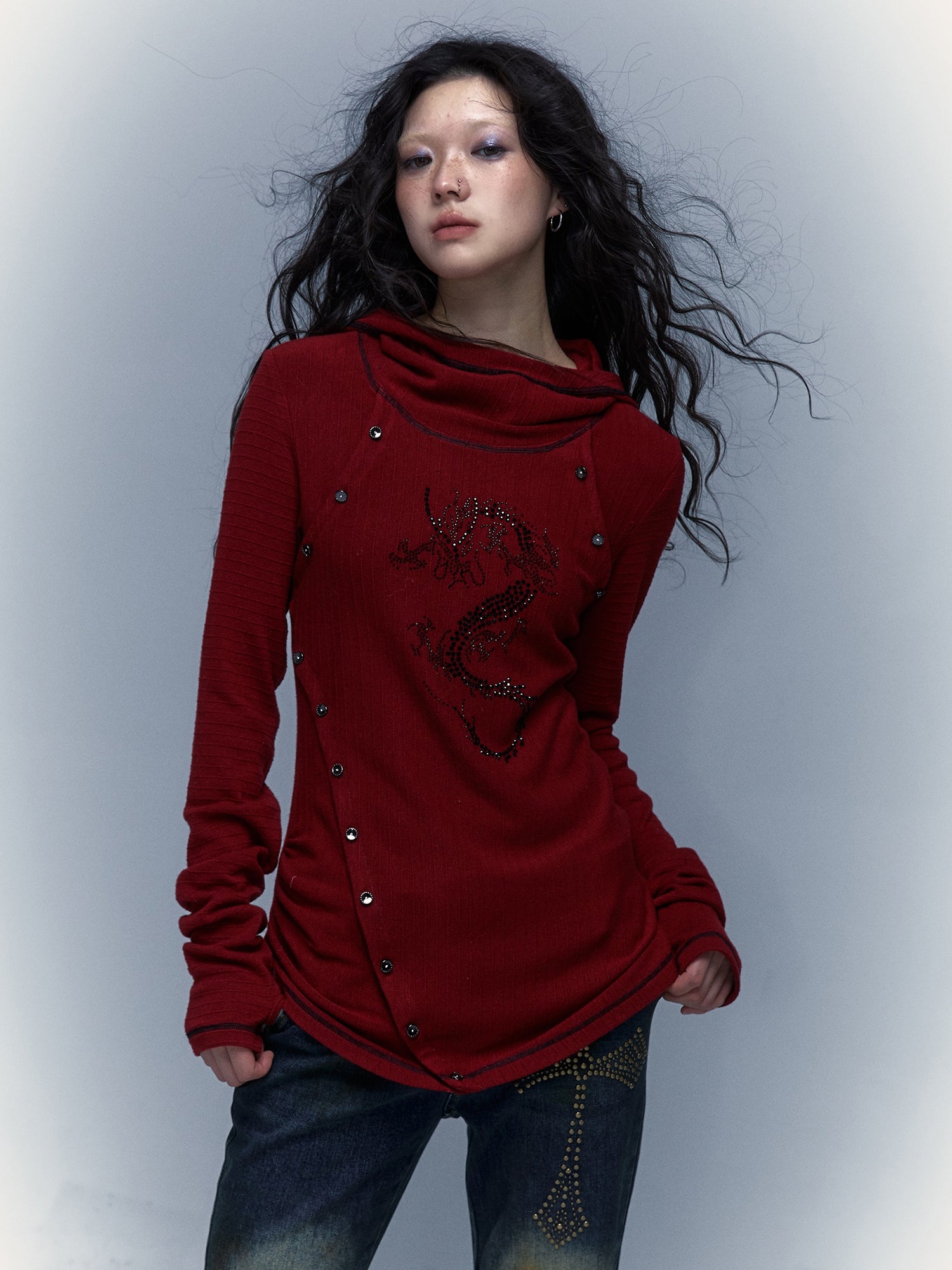 Rhinestone Hooded Slim Stretch T-shirt