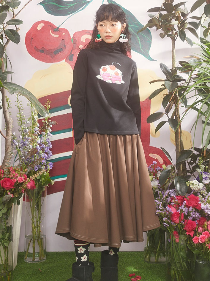 Cherry Cream Cake Print Turtleneck Bottoming Shirt