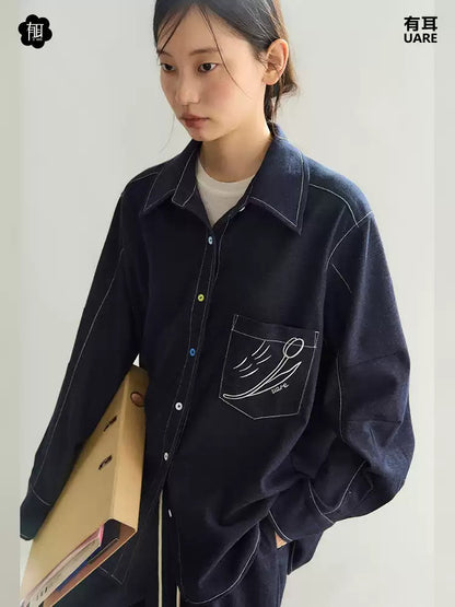 Set-Up Bi-Color Denim Casual Embroidery Elastic-Waist Shirt＆Wide-Pants