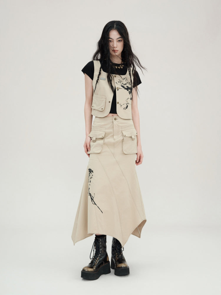 Printed Beaded Work Vest &amp; Irregular Work Skirt