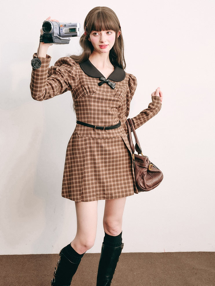 Plaid Retro Bubble Sleeve Dress