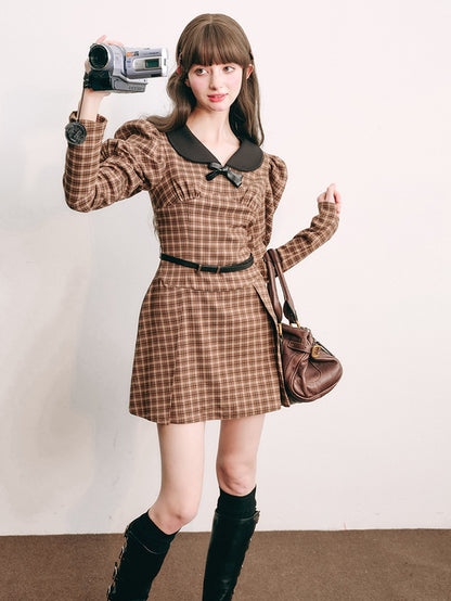 Plaid Retro Bubble Sleeve Kleid