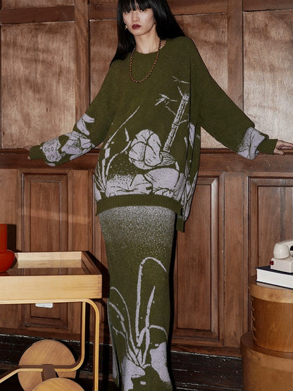 Loose Flower Jacquard Knitted Sweater &amp; Skirt