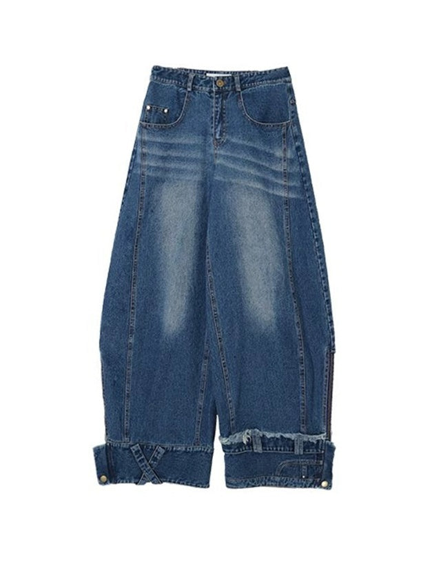 Patchwork Design Wide-leg Washed Low-rise Jeans