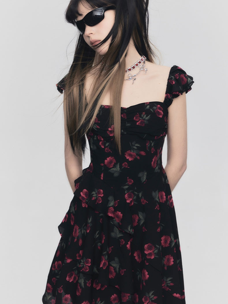 Rose Floral Belt Chest Strap Dress