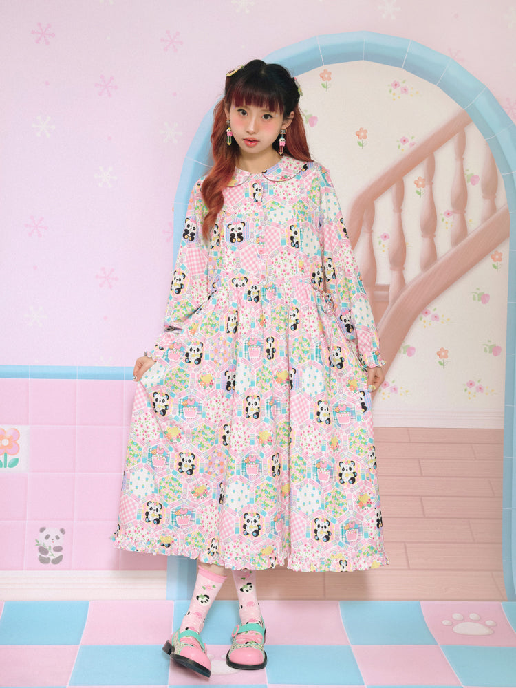 Puppenkragen Patchworkstil gedruckt lose Kleid