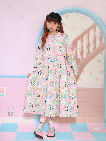 Puppenkragen Patchworkstil gedruckt lose Kleid