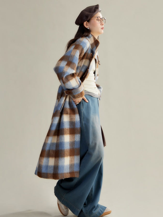 Retro Plaid Stand Collar Toggle Coat