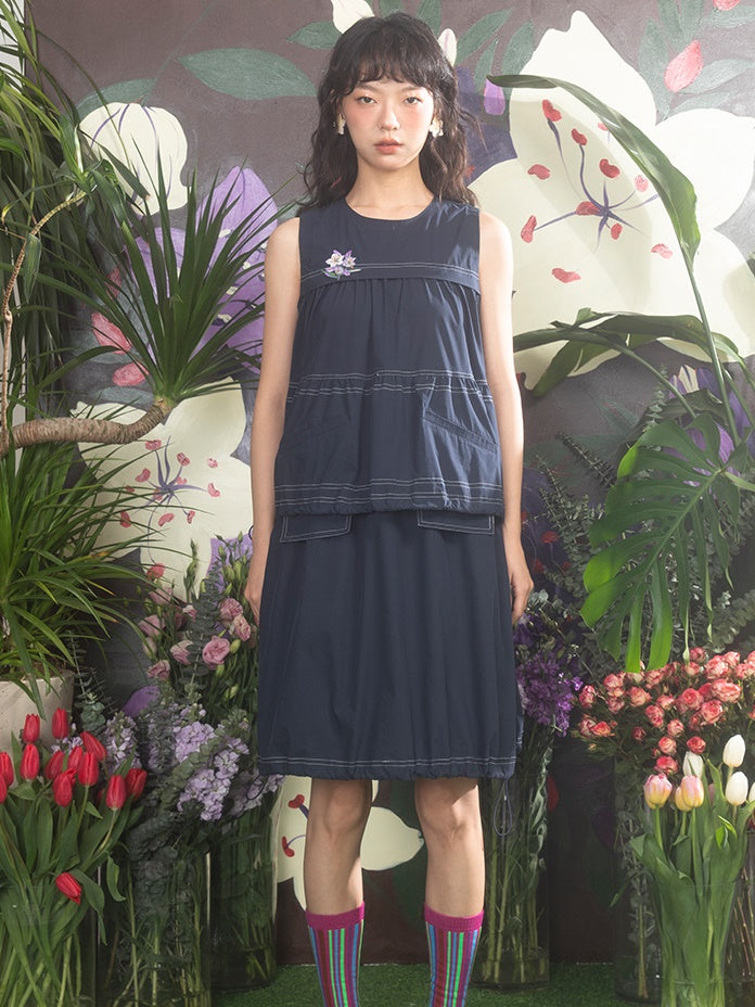 Cherry Blossom Embroidery Sleeveless A-Line Gather One-piece