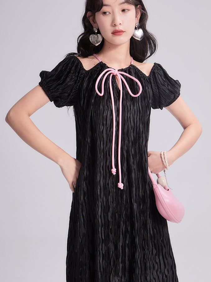 Pleated Cut-shoulder Short-sleeved One-piece