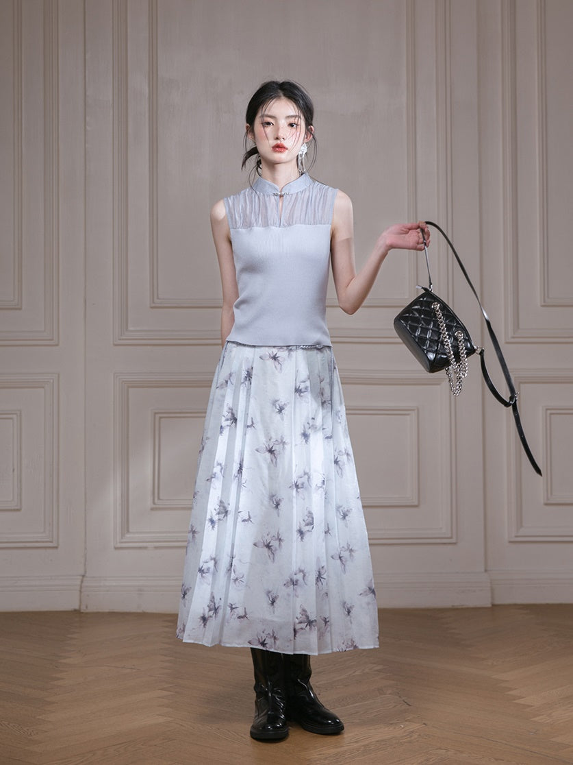 Butterfly Transparent New Chinese Style Pleated Skirt