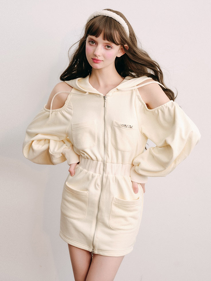 Hooded Cut Shoulder Sweatshirt One-piece