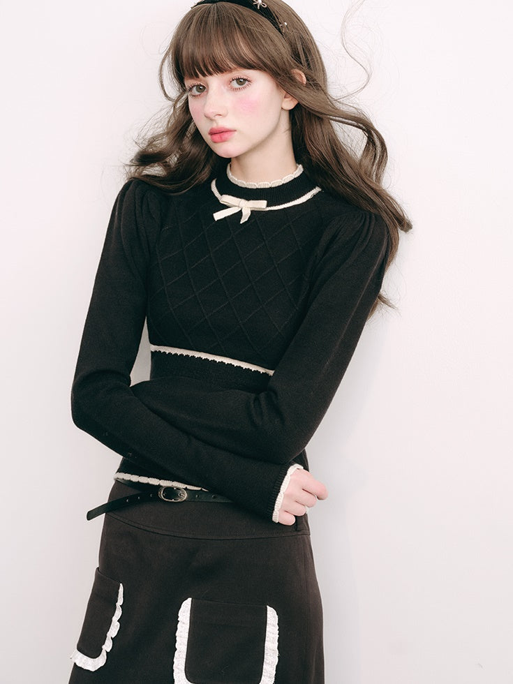 Bottle-neck Puff Sleeve Knitted Top