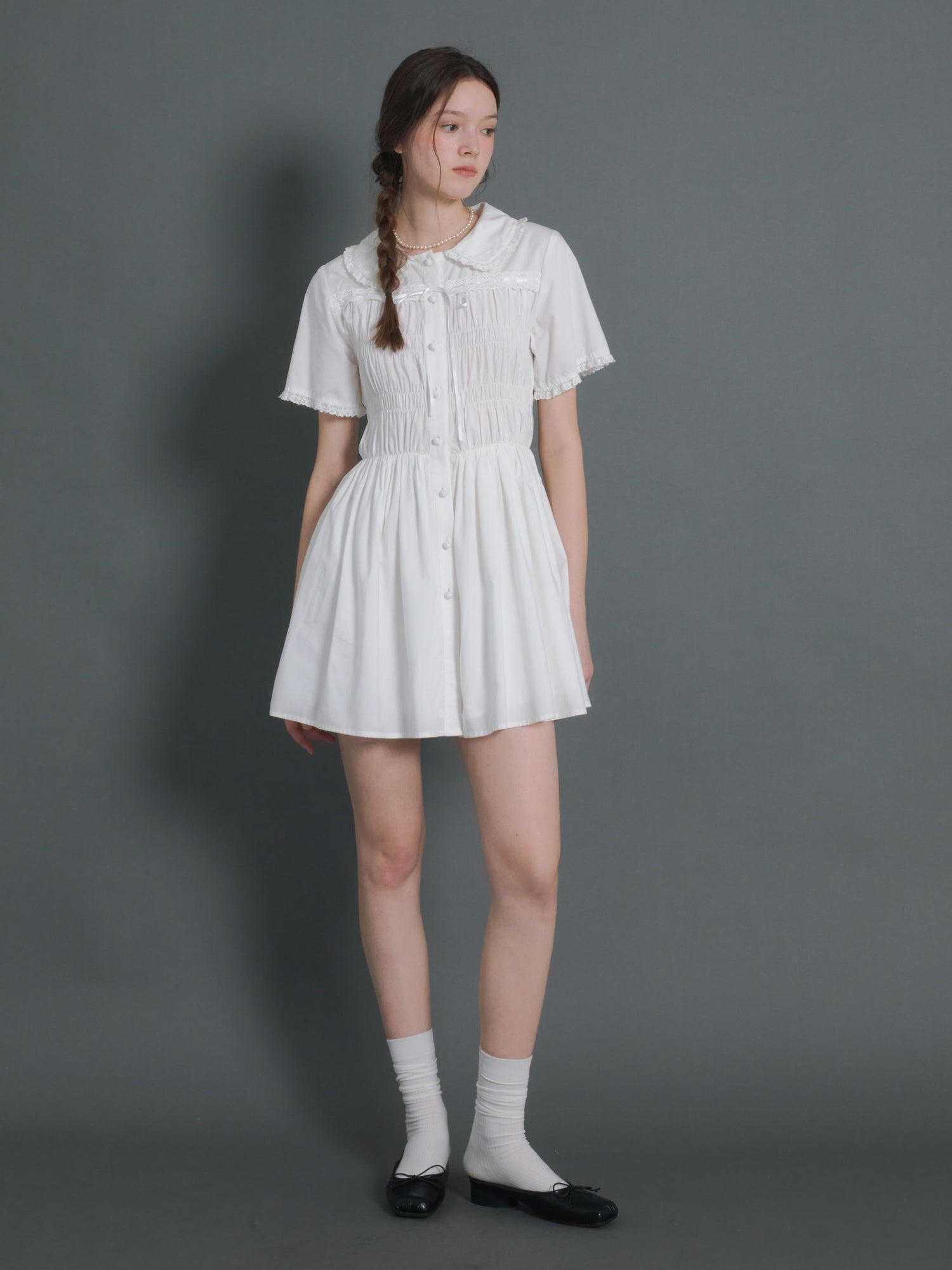 Doll Neck Gather Short Sleeve One-piece