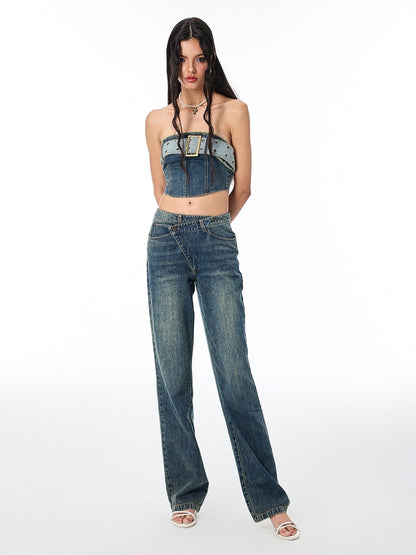 Diagonal -Placket Jeans gewaschene Jeans