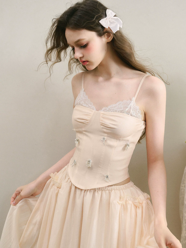 Set-Up Pearl Flower Bijou Ciffon Classy Camisole＆Long-Skirt