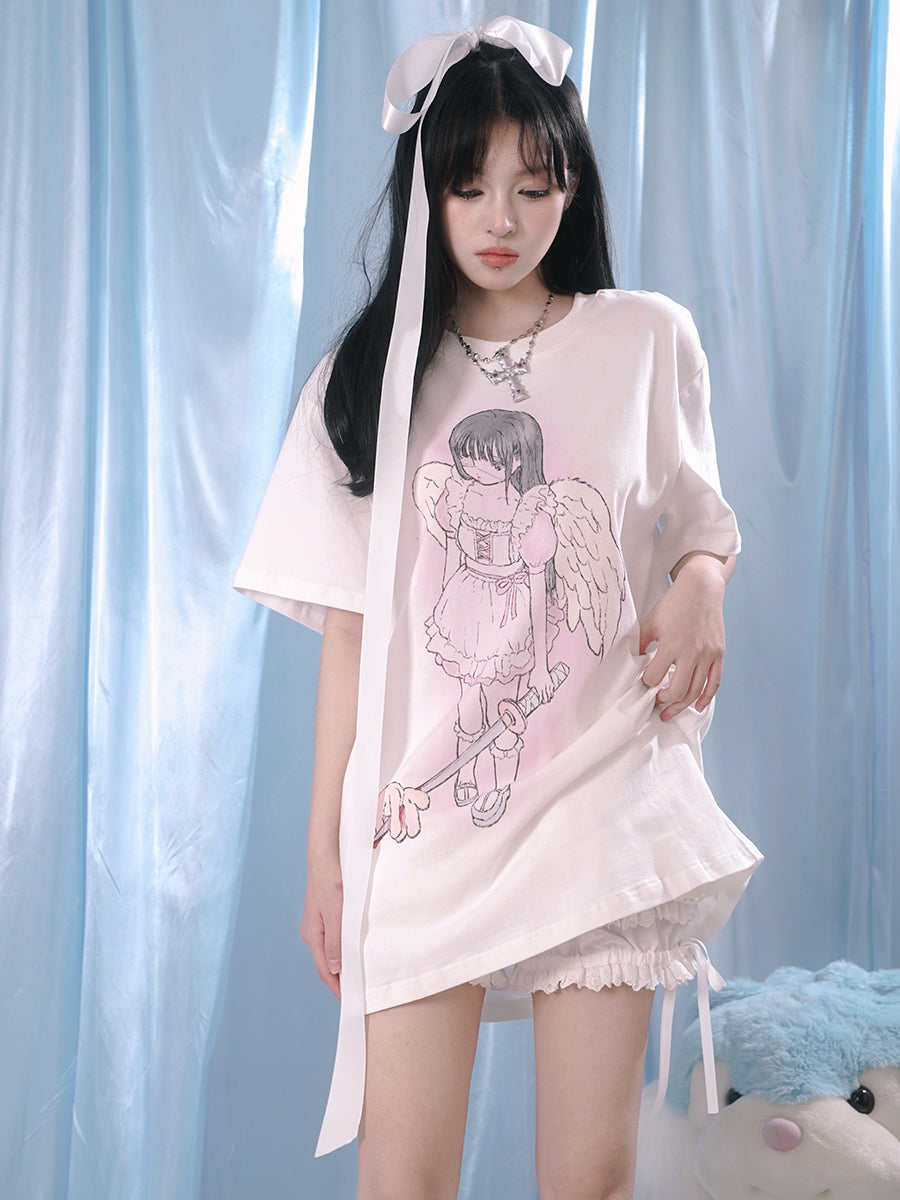 Girl Angel Print Loose T-shirt