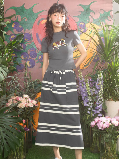 Border Patch Pocket Mid-length Skirt