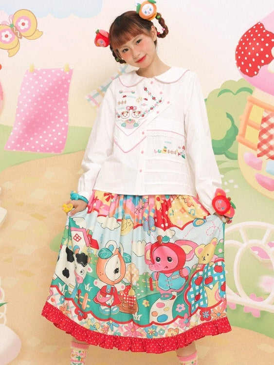 Cartoon Printed Splicing Lace Gather Skirt