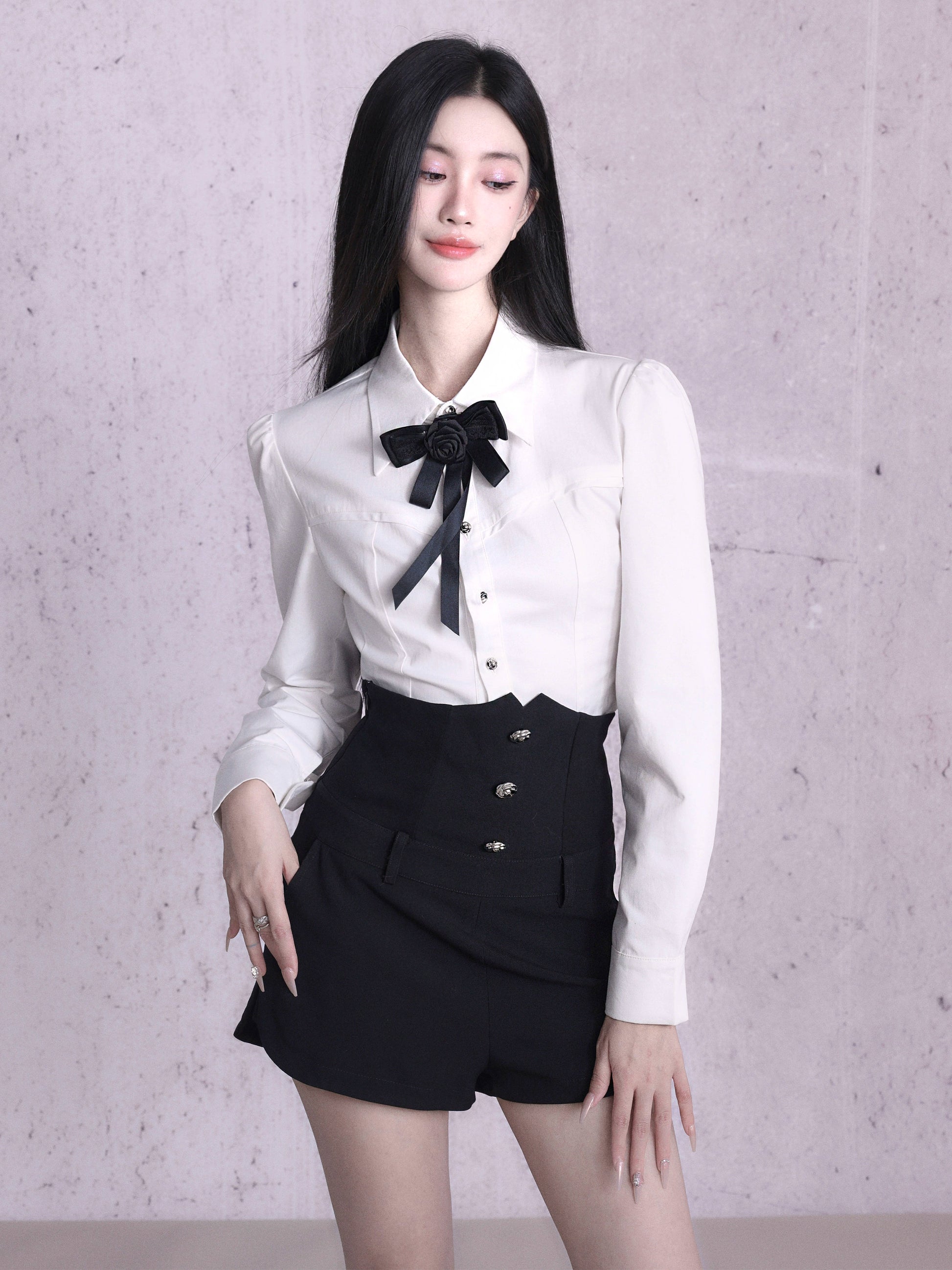 Puff Sleeve Shirt ＆ High Waist Short Pants