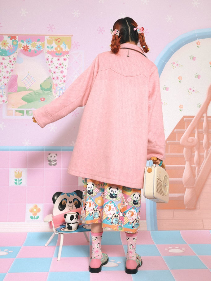 Panda Embroidered Doll Collar Mid-length Coat