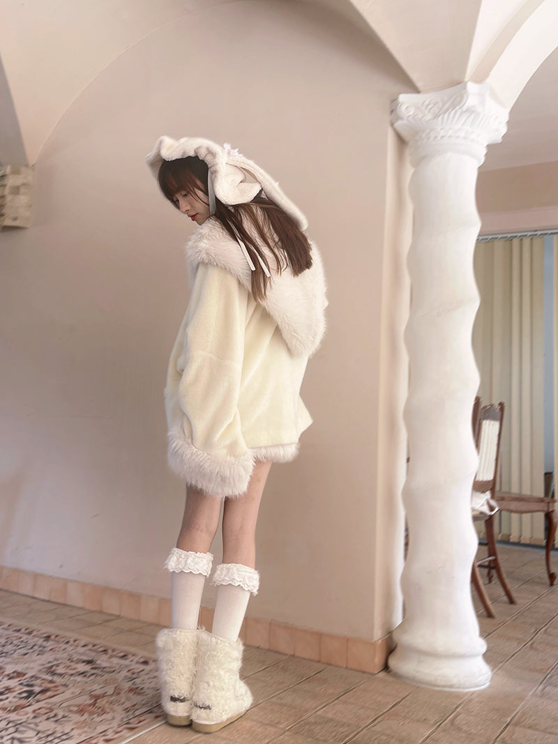 Plush Splicing Loose Hooded Jacket Coat