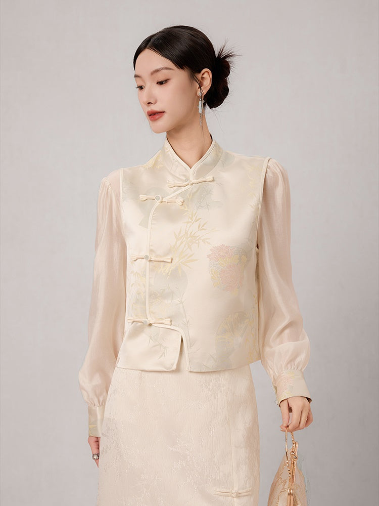 Chinese Style Jacquard Stand Collar Vest ＆ Sheer Top Set-up