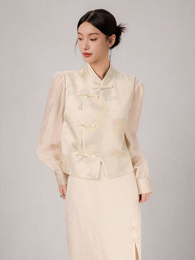 Chinese Style Jacquard Stand Collar Vest ＆ Sheer Top Set-up