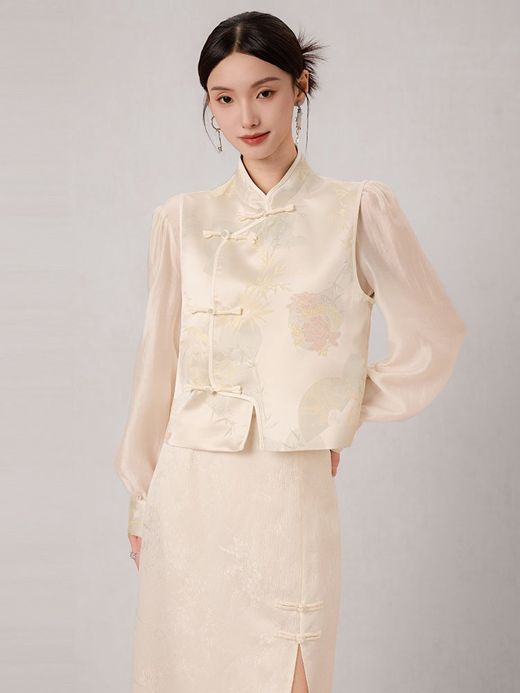 Chinese Style Jacquard Stand Collar Vest ＆ Sheer Top Set-up