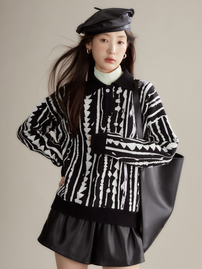 Dragon Pattern Jacquard Polo Sweater &amp; Knitted Skirt