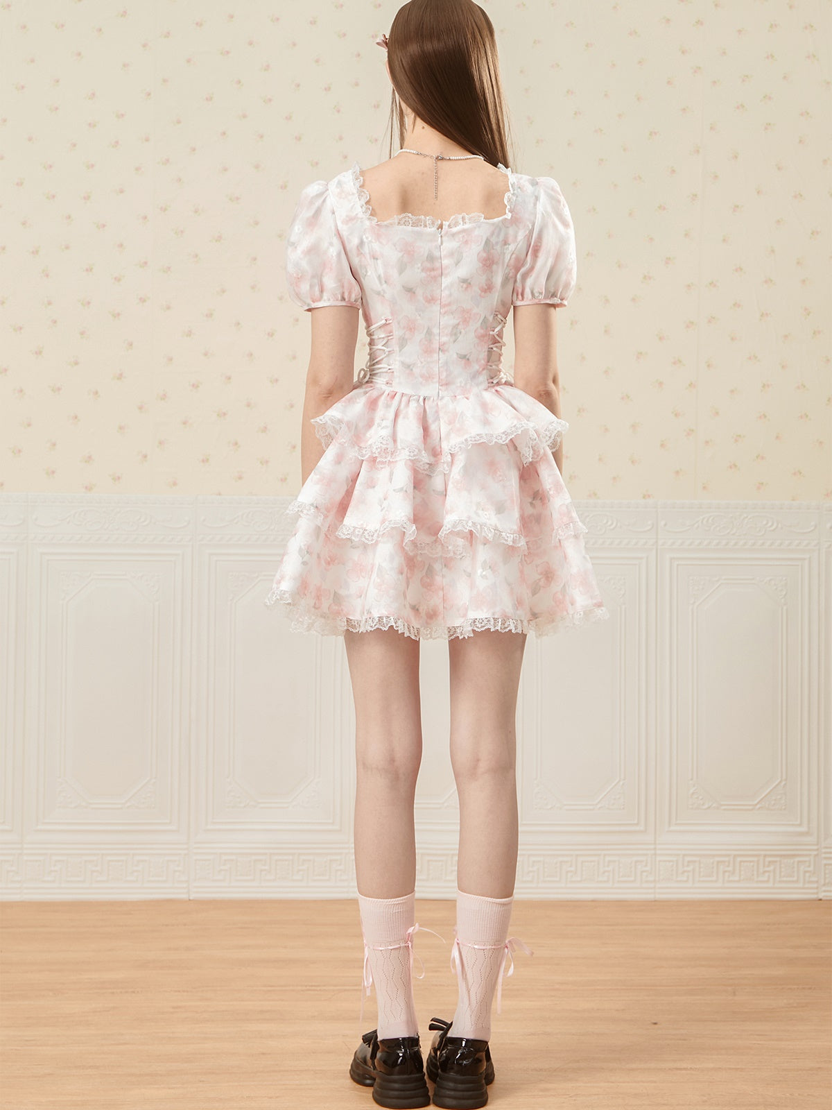 SQUARE COLLAR SIDE LACEUUP PUFF CAKE Dress