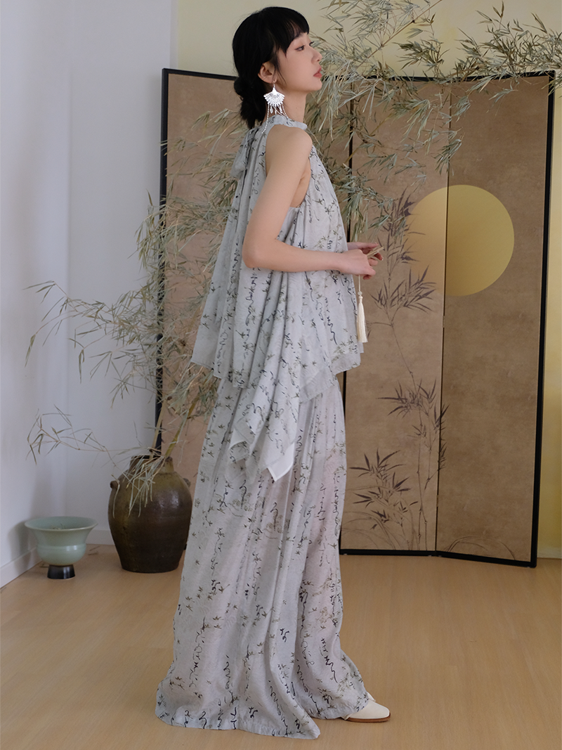 Chinese Style Straight Printed Wide-leg Pants