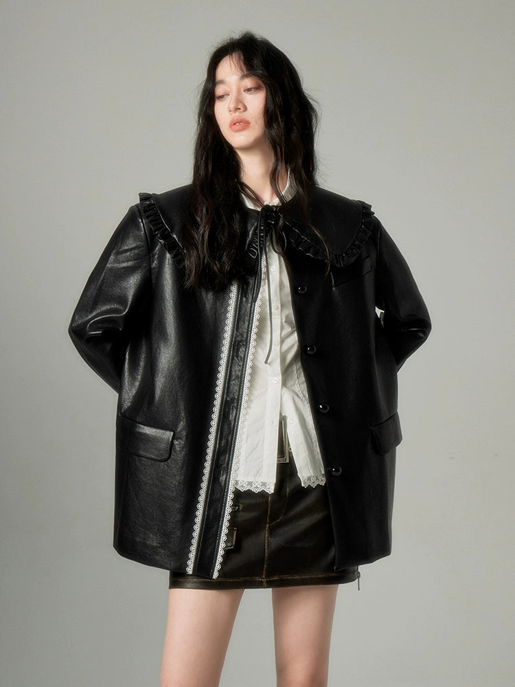 Detachable Fake Collar Lace Leather Jacket