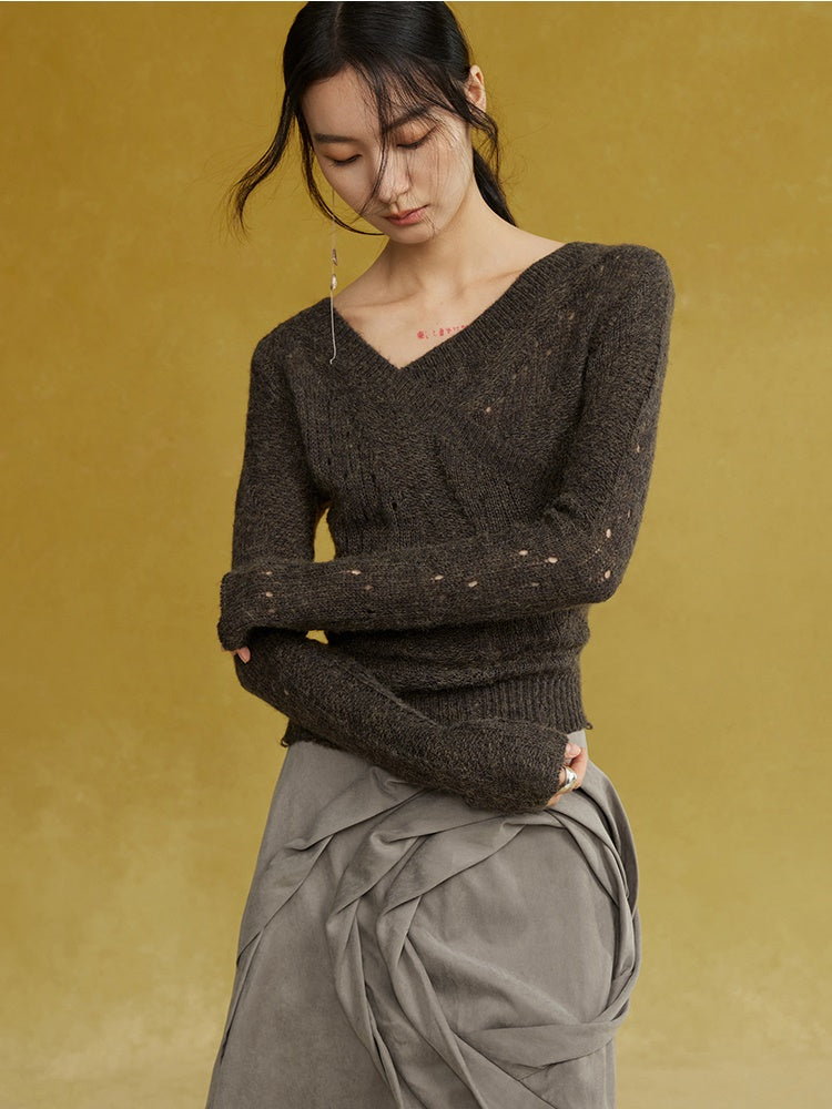 Irregular Hole Stitch V-neck Sweater