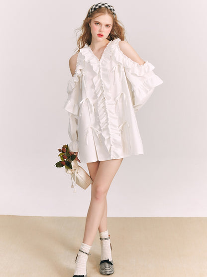 Cut-shoulder Ruffled V-neck Shirt Dress