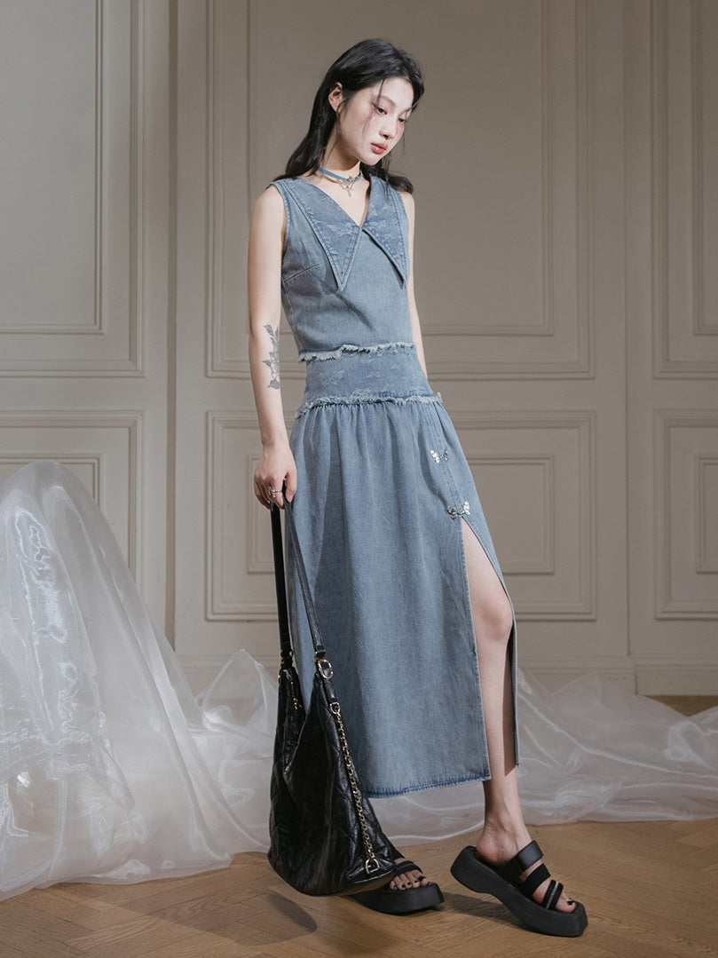 Butterfly Jacquard Denim Sleeveless Top &amp; Skirt Set-up