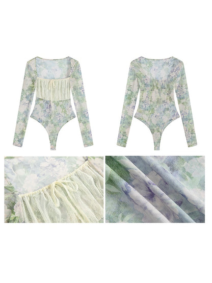 Floral Swan Neck Elastic Mesh Long Sleeve All-in-one