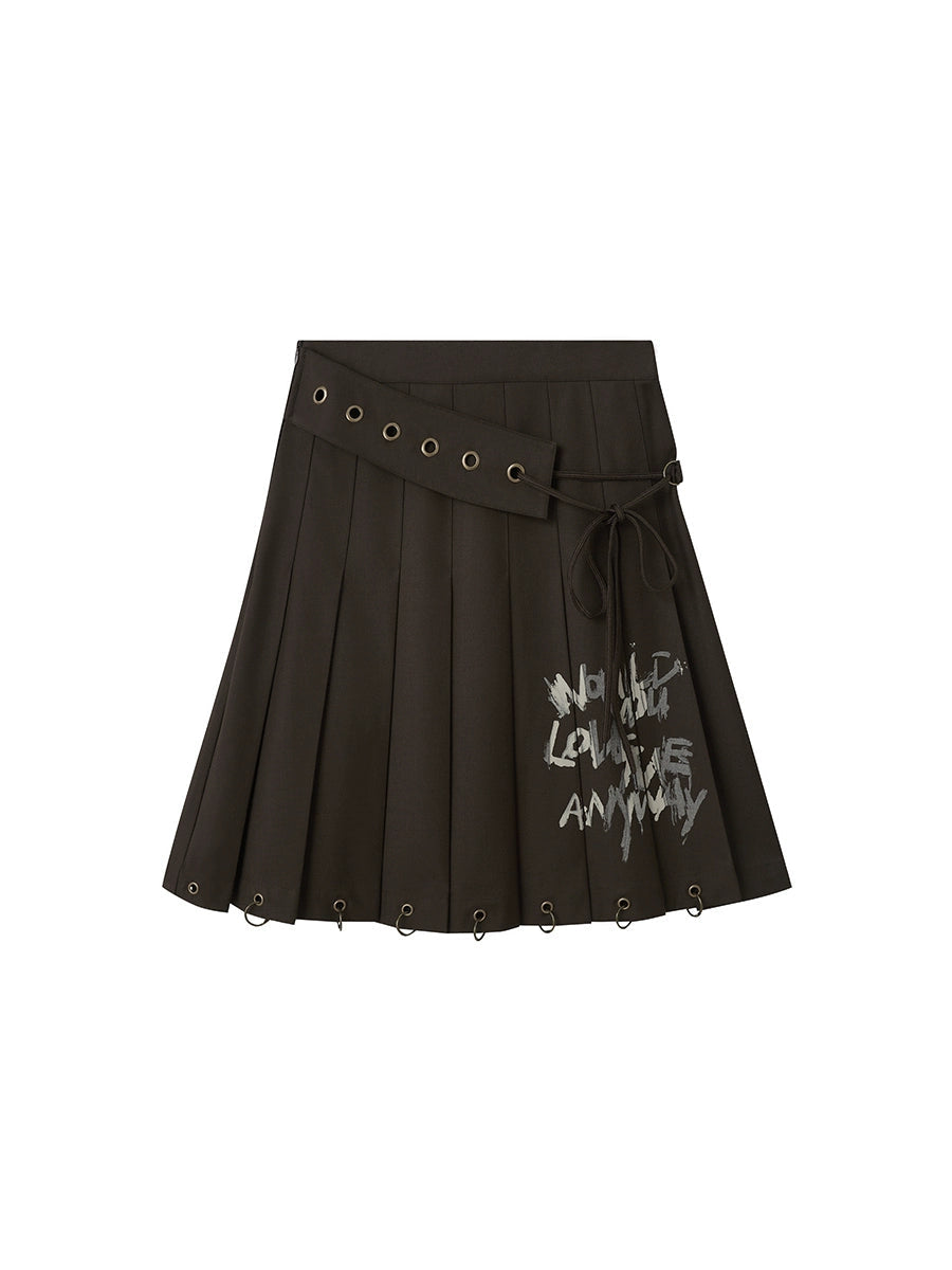 Graffiti Print Lace Design Pleated Skirt