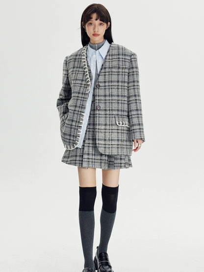 Woven Plaid No-Collar Jacket ＆ Vest ＆ Pleated Skirt