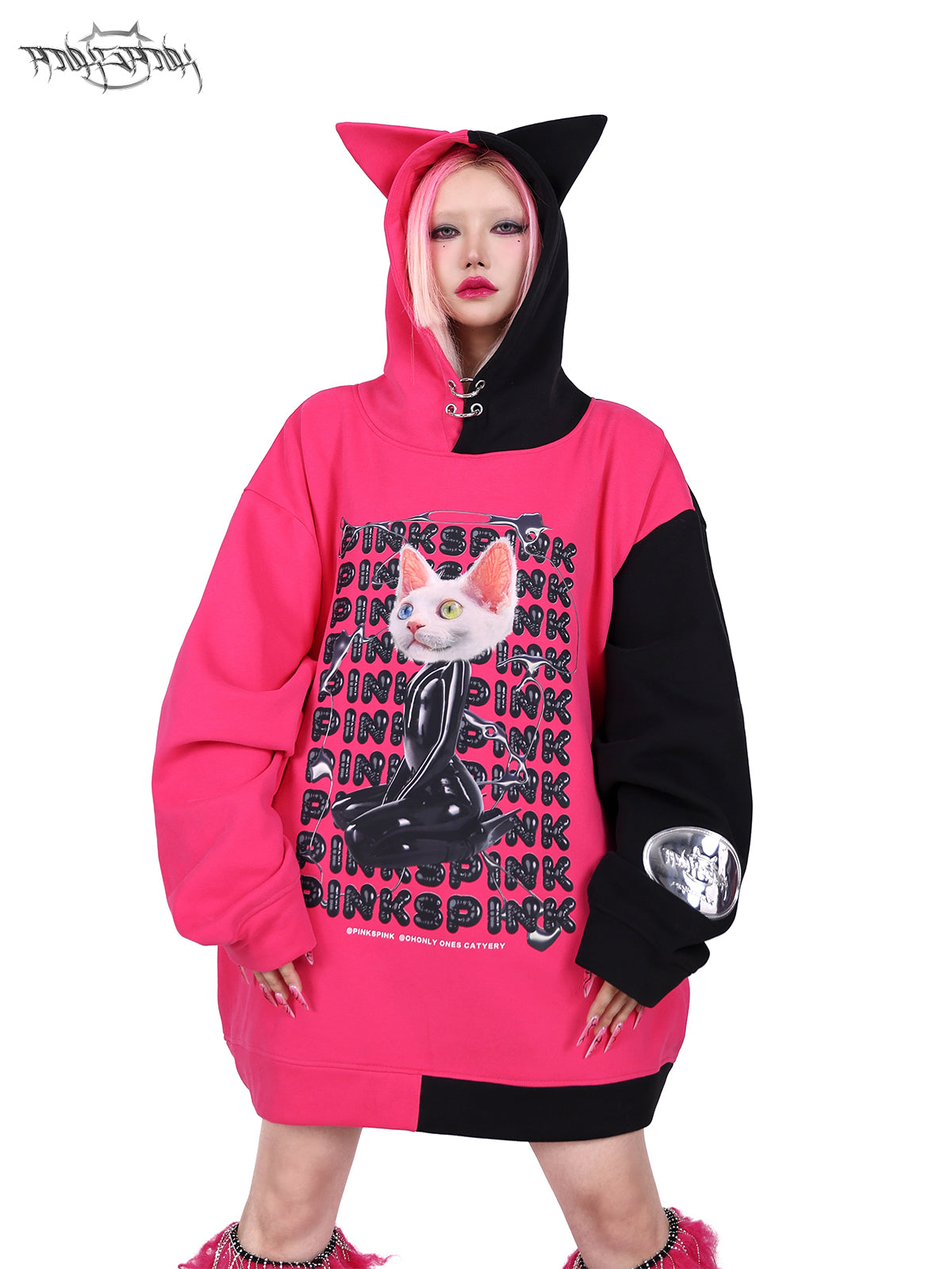 Cat Ear Impact Print Hooded Loose Pullover