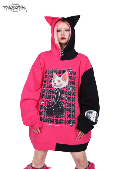 Cat Ear Impact Print Hooded Loose Pullover