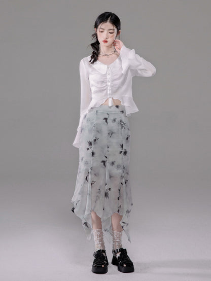 Tulip Mist Ash Ruffled Sleeveless Top ＆ Irregular Hem Skirt Set-up