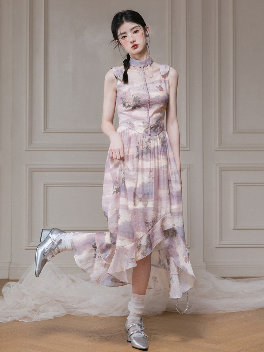 Braided Rose &amp; Butterfly Print Sleeveless Irregular Hem Dress