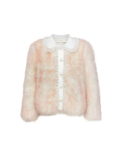 Smudged Pearl Lace Short Imitation Fur Coat