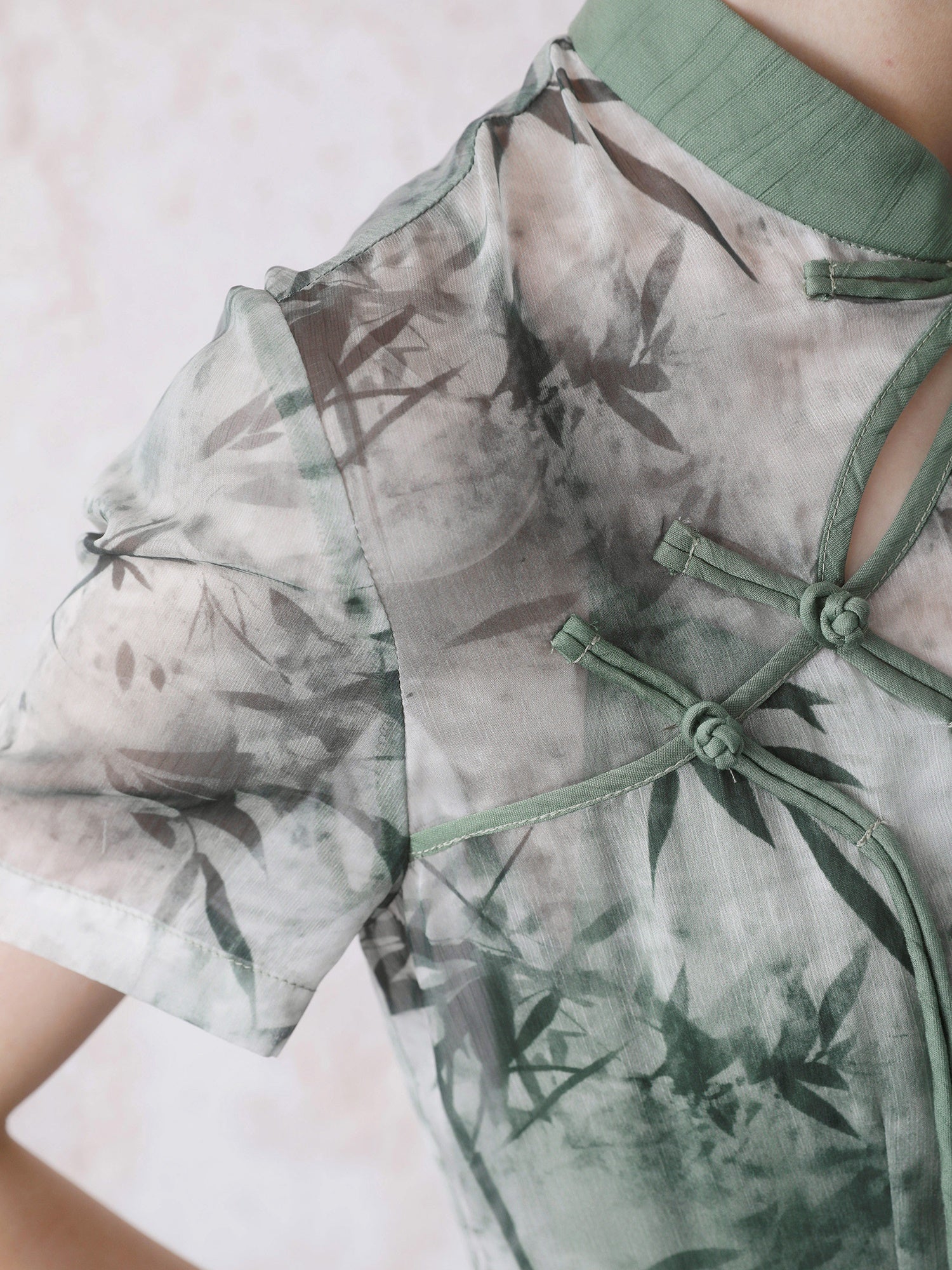 Chinese Style Bamboo Leaf Print Long Shirt ＆ Camisole One-piece Set-up