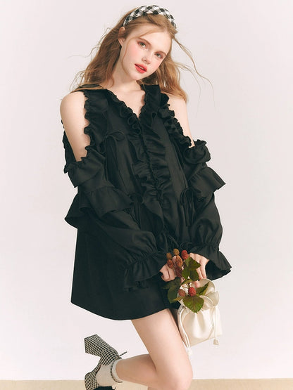 Cut-shoulder Ruffled V-neck Shirt Dress