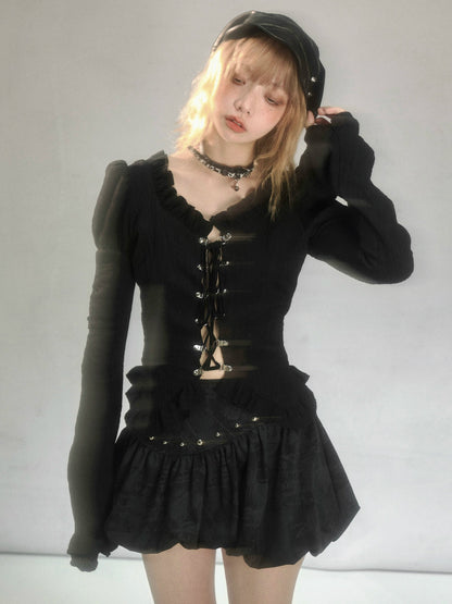 Lace-Up Slim Fit Ruffled Bell Sleeve Shirt