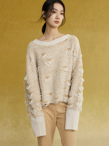 Contrasting Color Round Neck Loose Hole Sweater